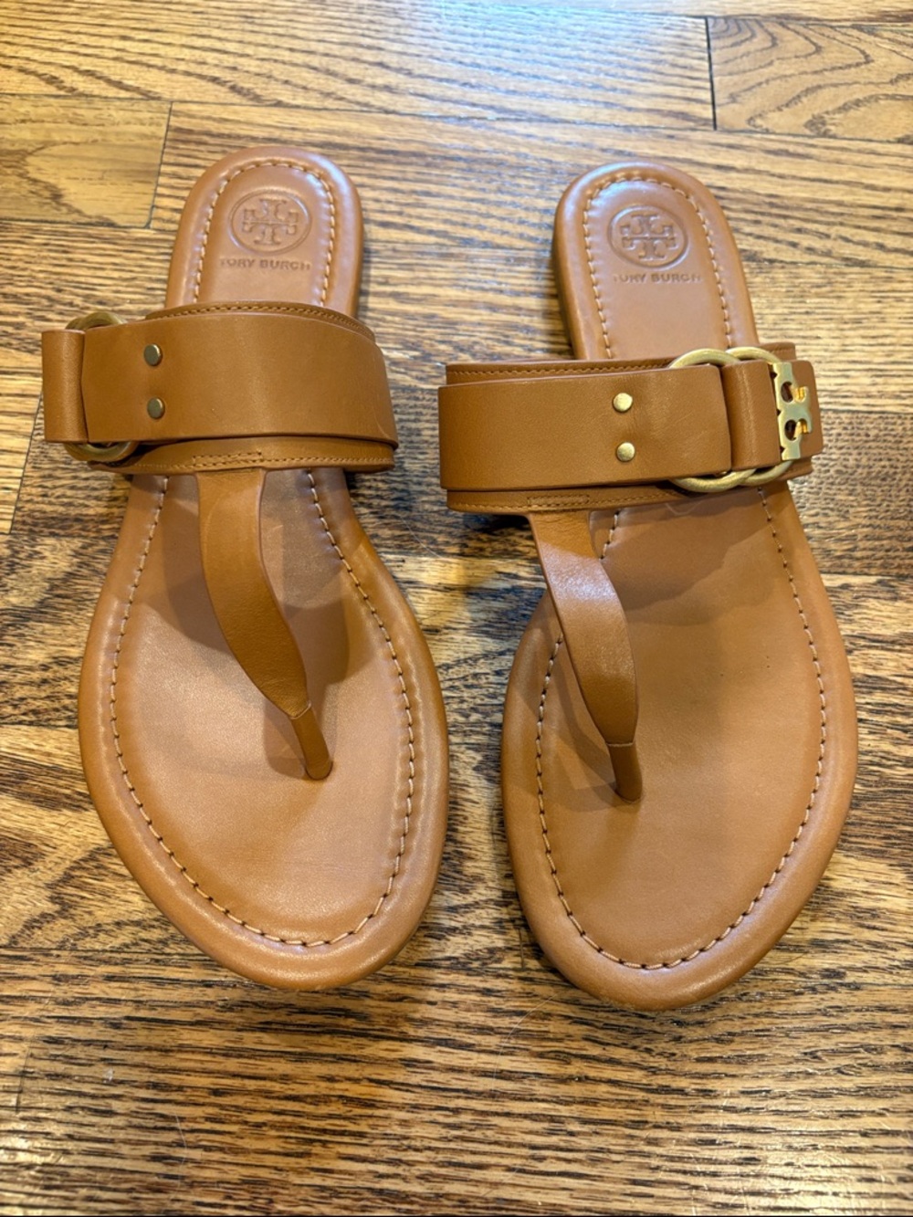 Tory Burch Cognac Leather Thong Sandals with Gold Buckle